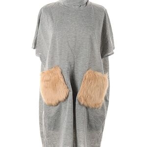 Gray Mock Turtleneck Shift Dress with Faux Fur Pockets